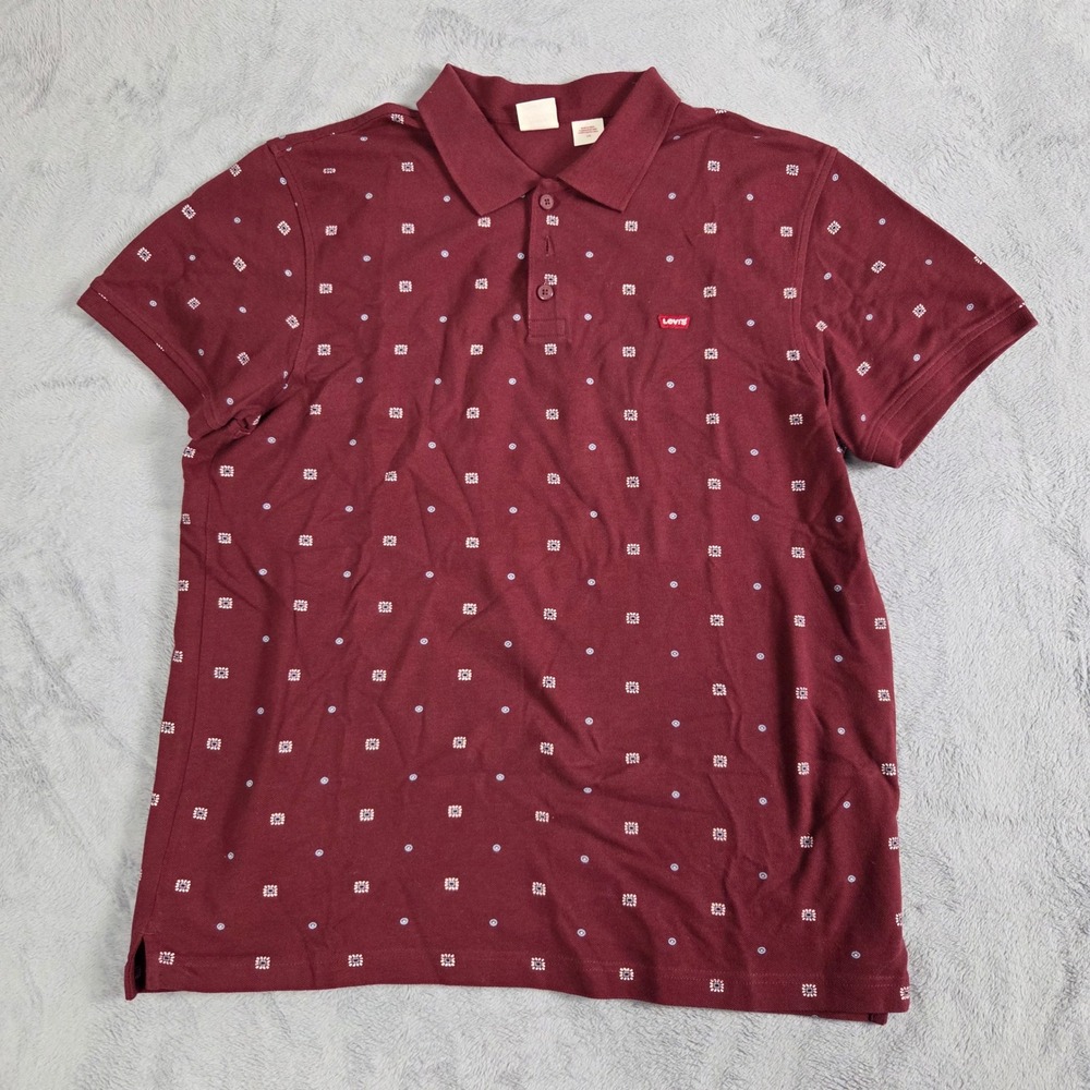 Levi's Polo Shirt Mens L Burgundy Excellent Geometric Floral Print Short Sleeve